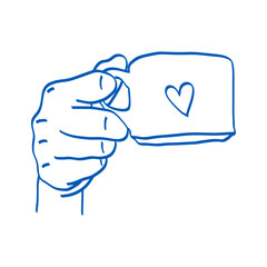 Hand holding a cup. Blue doodle vector illustration. Index, middle, ring, little fingers and thumb