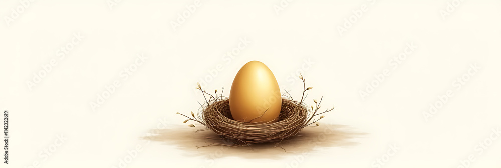 Poster a delicate gold egg illustration is placed on a simple nest background, surrounded by white empty sp