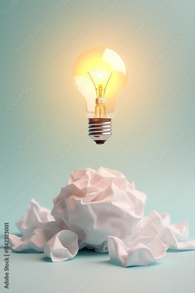 Poster a creative idea forms as a lightbulb illuminates above a scattered paper crumpled ball on a soft pas