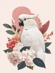 Collage featuring a white cockatoo and colorful flowers, set against a soft pink background.