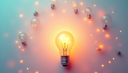 A creative business idea sparks with a group of lightbulbs on a pastel colored background surrounded by concepts and inspiration._00002_