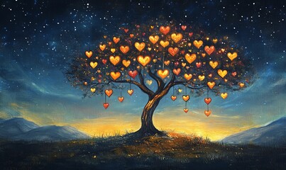 Heart-shaped lights adorn a tree, night sky backdrop.