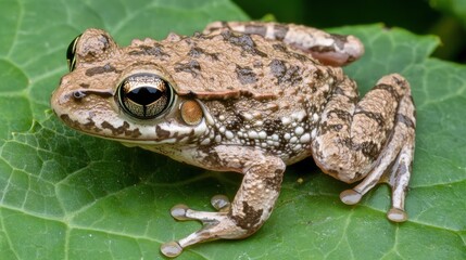 Obraz premium Close-up of a Brown Frog on Green Leaf in Nature Setting