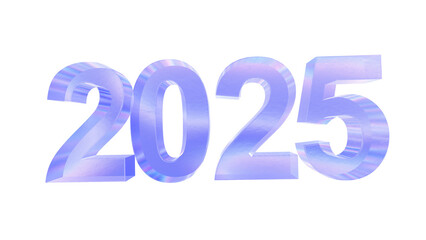 3d 2025 with aberration effect isolated on a transparent background. Blue tone. 3d transparent elements for graphic design.