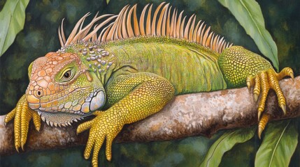 Fototapeta premium Detailed Portrait of Vibrant Iguana Resting on Branch in Nature
