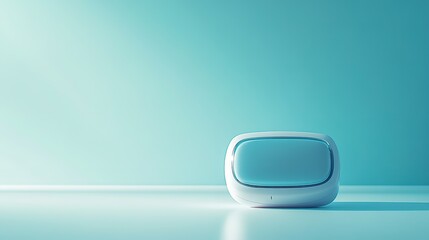 Minimalist blue image of modern wireless device on reflective surface.