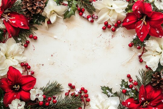 Elegant Christmas Frame with Red Flowers and Greenery Perfect for Holiday Celebrations and Festive Designs
