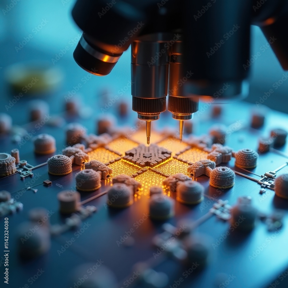 Poster closeup of a nanorobot being assembled with advanced technology in a laboratory setting. generative 