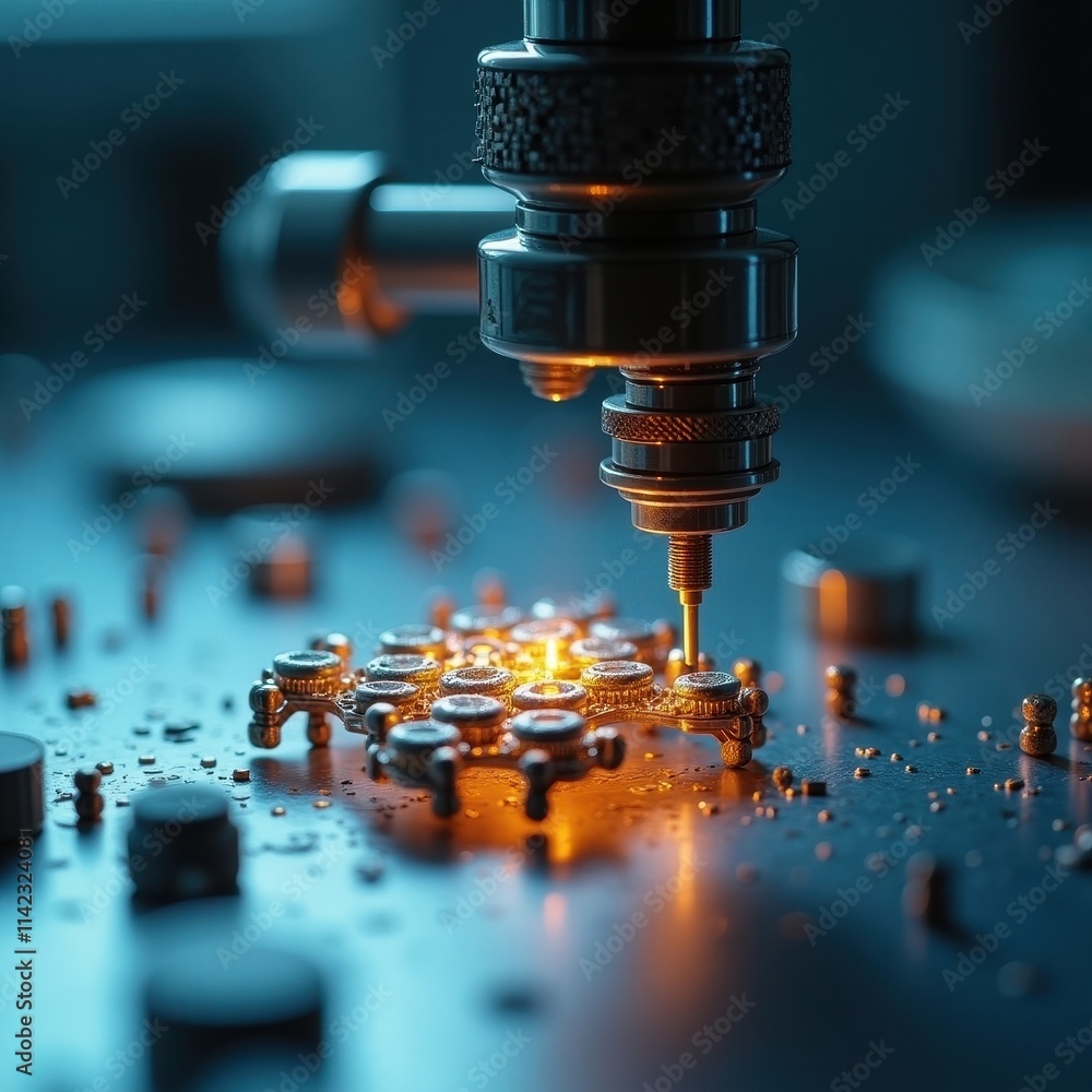 Poster closeup shot of a nanorobot being manipulated in a lab setting with intricate details of its design 