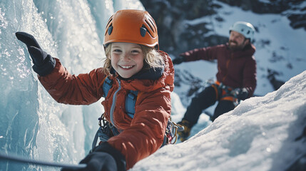 A young girl is climbing a mountain with her father