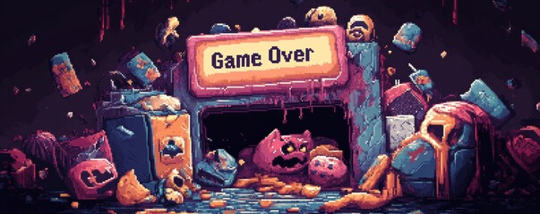 Obraz premium Game over screen showing pixel art monsters emerging from destroyed console