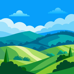 Natural Landscape with Rolling Green Hills and Clear Blue Sky Design