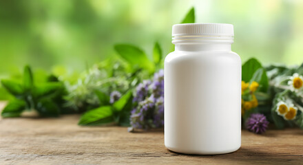 White label hair loss pill bottle in a herbal in background environment