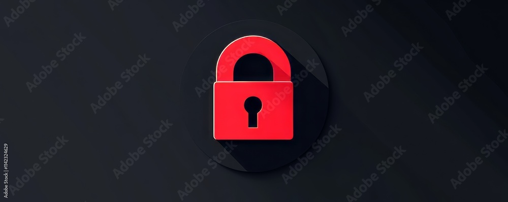 Poster red closed padlock in black circle with long shadow representing security and privacy