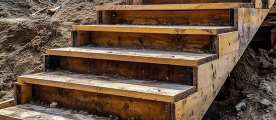 Durable brown wooden stairs on a construction site highlighting craftsmanship and safety features for reliable access and functionality