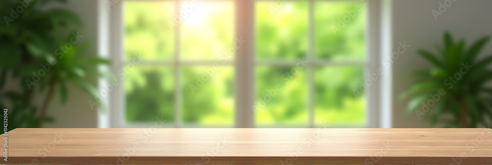 Poster a blurred green garden scene is visible through a window behind an empty wooden table in the room._0