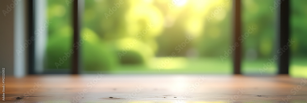 Poster a blurred green garden scene is visible through a window behind an empty wooden table in the room._0