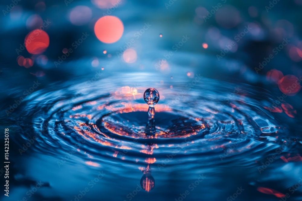 Poster Water droplet impacting surface, creating concentric ripples and bokeh effect.