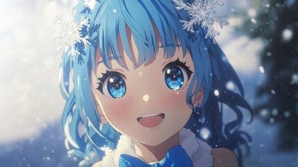 Blue-haired anime girl enjoying snowfall with snowflakes in hair