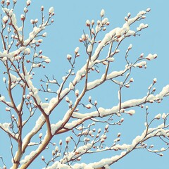 Winter wonderland snow-covered tree branches against clear blue sky nature photography serene environment