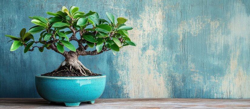 Bonsai ficus panda in a turquoise pot on a rustic wooden table adding elegance to home interior decor with lush green foliage