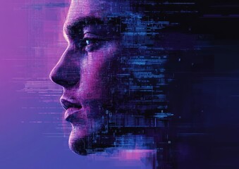 A woman's face is shown in a blue and purple background with a pixelated look