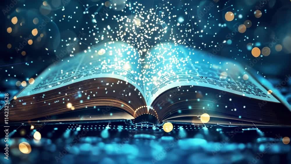 Poster open book emitting a stream of light particles transforming into digital data, symbolizing the digit