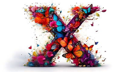 A whimsical and vibrant letter X with a splash background, featuring butterflies and flowers