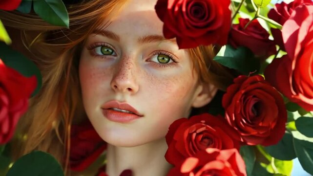 This captivating image showcases a young woman immersed in a sea of red roses. Her gentle expression evokes feelings of love and serenity. A perfect example of beauty in nature. Generative AI