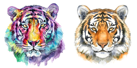 colorful tiger head watercolor illustration. Generative AI.