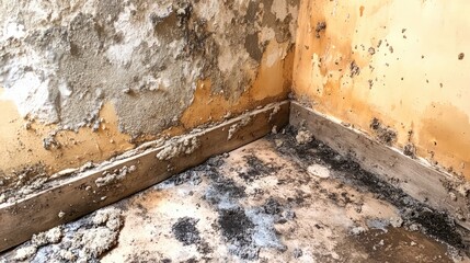 Moldy wood and damp walls in a neglected room showcasing signs of moisture damage and mildew growth on interior surfaces.