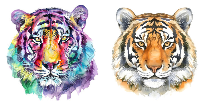 colorful tiger head watercolor illustration. Generative AI.