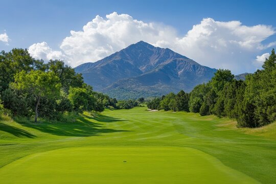 A serene golf course landscape with a majestic mountain backdrop under a clear blue sky.
