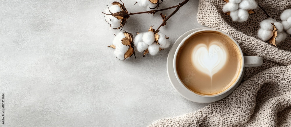 Poster cotton branch and coffee cup with milk on light background top view with ample space for text ideal 