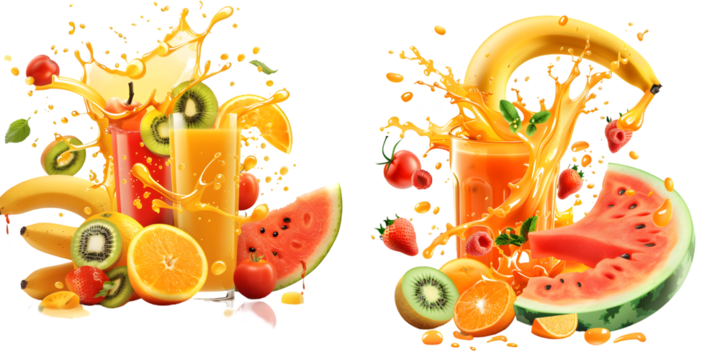 Orange, kiwi fruit, banana, tomato, watermelon, papaya juice. Fresh fruits and splashes, 3d vector icon set. Generative AI.