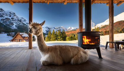 Cozy Alpaca Relaxing by a Warm Fireplace in a Mountain Lodge
