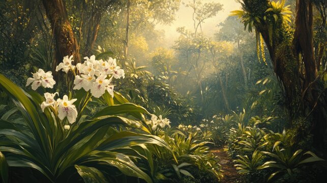 Calanthe sieboldii flowering in a serene forest landscape illuminated by soft sunlight showcasing vibrant greenery and natural beauty