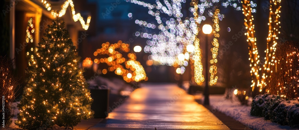 Poster defocused christmas lights creating a warm festive atmosphere in a winter setting with illuminated t