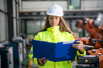 Engineer reviewing plans in a workshop environment with robotic arms