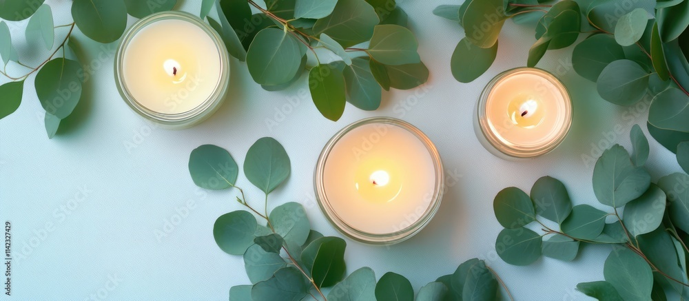 Poster elegant flat lay of burning candles with fresh eucalyptus leaves on soft light background creating a