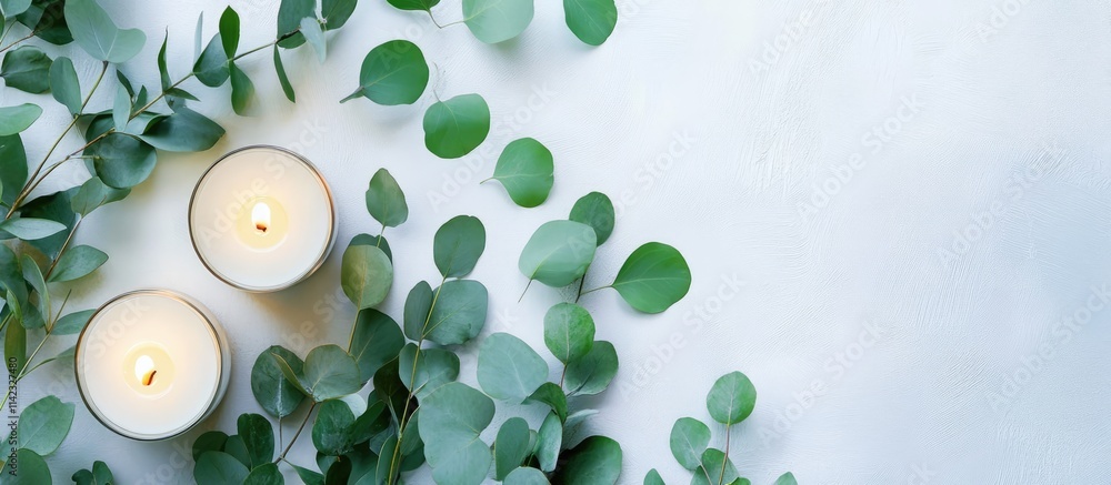Poster elegant flat lay of burning candles with fresh eucalyptus leaves on a soft light background creating