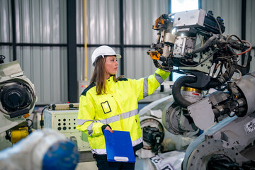 Engineer Inspecting Robotic Machinery in an Industrial Facility During Daylight Hours