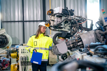 Engineer Inspecting Industrial Robotic Arm in Manufacturing Facility During Daylight