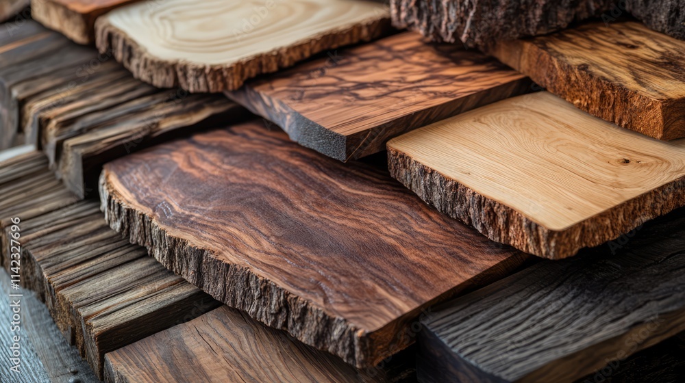 Poster natural wood slabs with diverse textures and colors arranged in an artistic display for backgrounds 