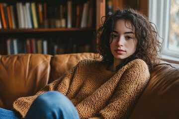 Fototapeta premium woman with curly hair relaxing on a brown leather couch