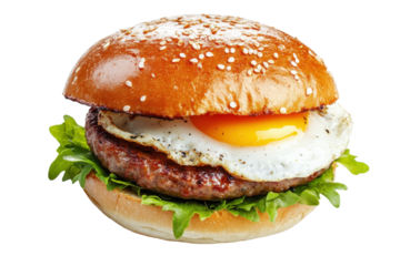 A delicious gourmet burger topped with a sunny-side-up egg nestled between toasted sesame buns