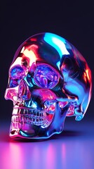 Metallic skull glowing with vibrant neon colors reflecting on dark background
