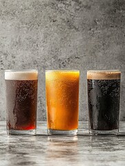Three glasses of carbonated beverages with varying colors and foamy tops against a textured gray background.