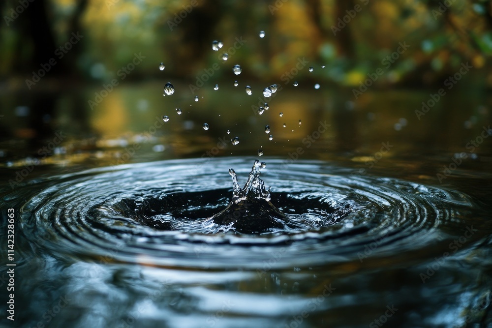 Poster water droplet impacting calm water, creating concentric ripples and splashing droplets.
