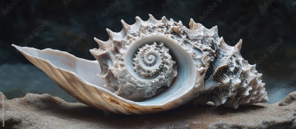 Poster stunning close-up of a unique seashell showcasing intricate details and textures from the seashore, 